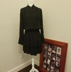 Ruffle collarless smocked black dress